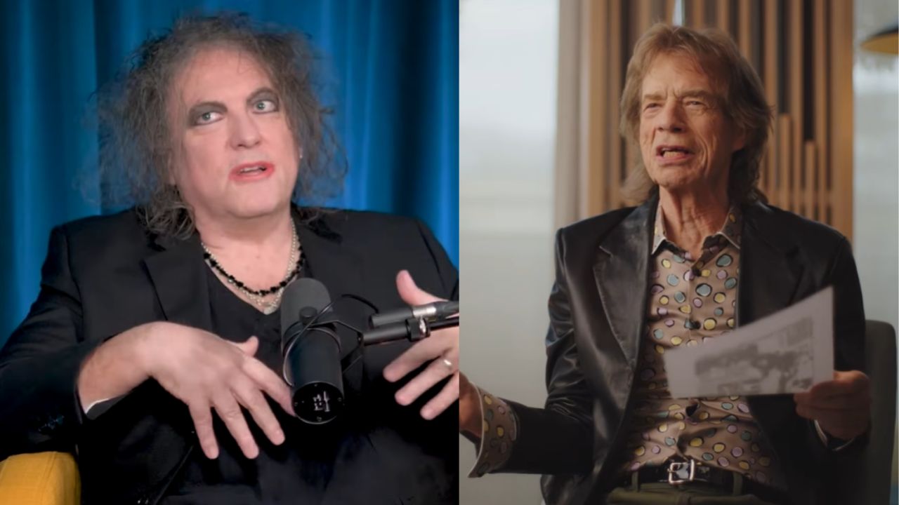Robert Smith do The Cure em estúdio durante colaboração com os Rolling Stones no álbum Foreign Tongues