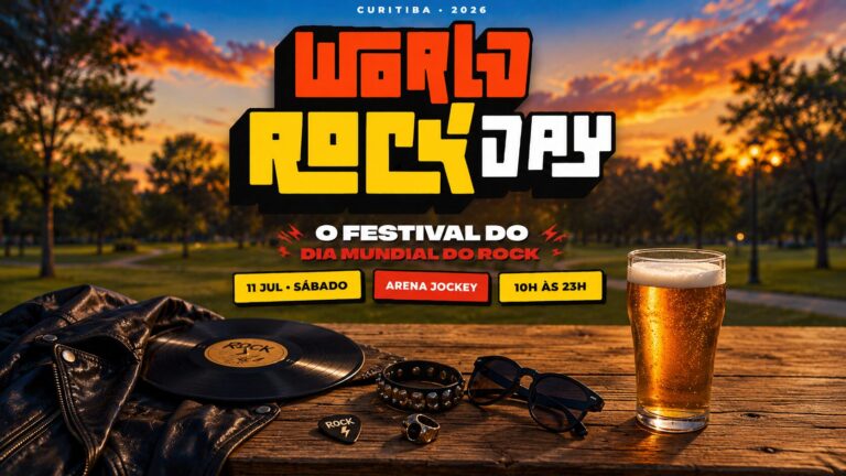 Público acompanha apresentações no World Rock Day Curitiba, festival gratuito realizado no Arena Jockey Eventos.