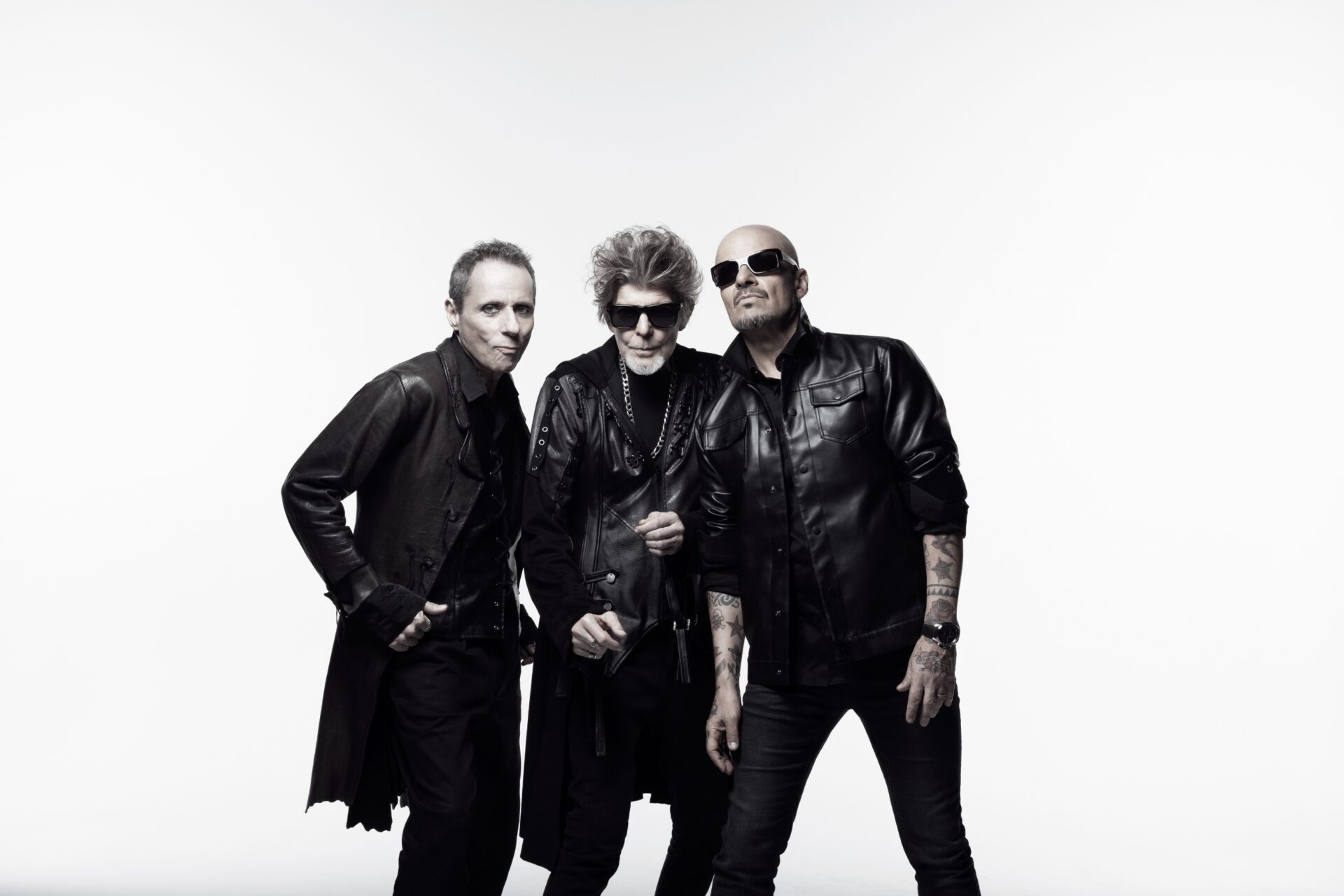 Branco Mello, Sérgio Britto e Tony Bellotto, dos Titãs, em foto de divulgação da turnê Cabeça Dinossauro 40 anos.