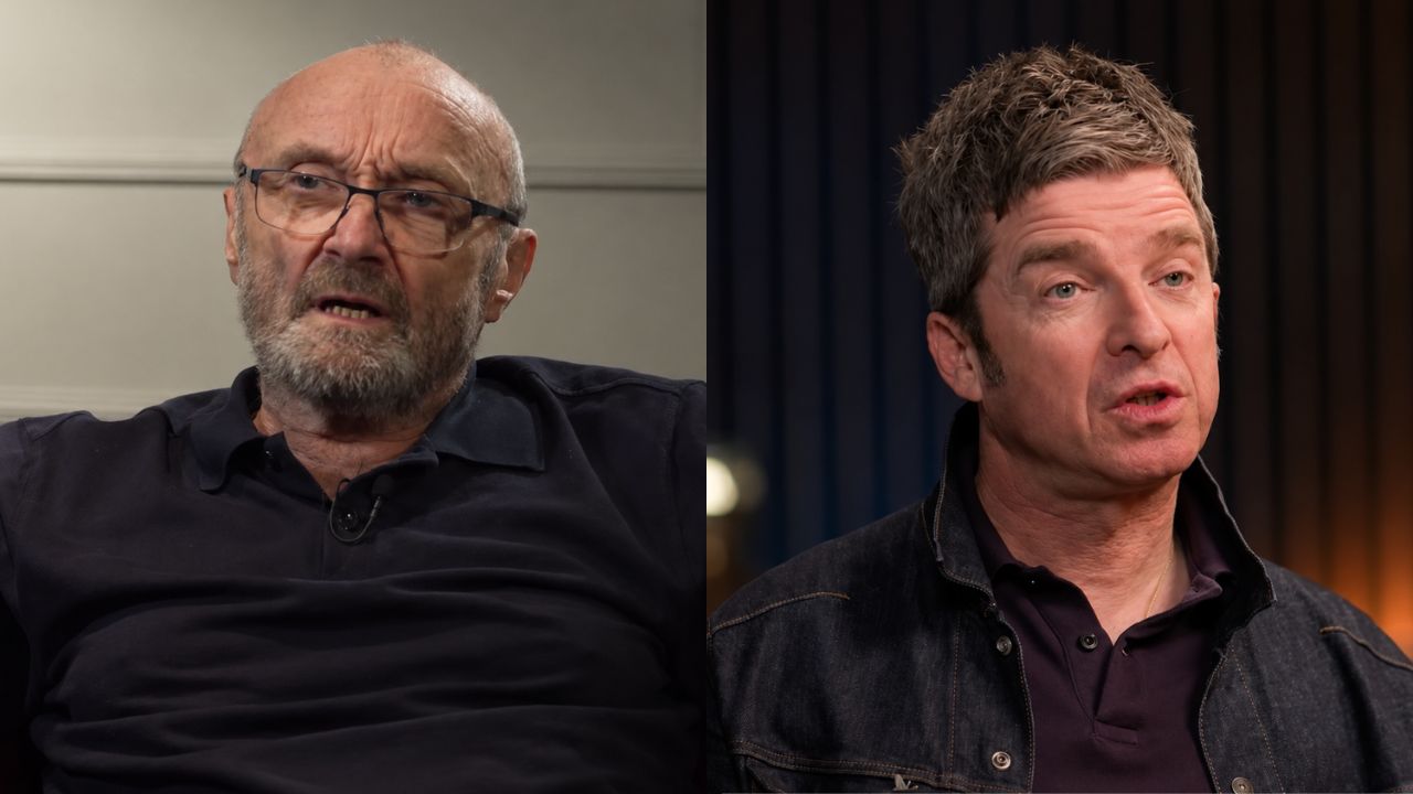 Phil Collins ao lado de imagem promocional de Noel e Liam Gallagher, do Oasis, em montagem sobre o reencontro no Rock & Roll Hall of Fame 2026.