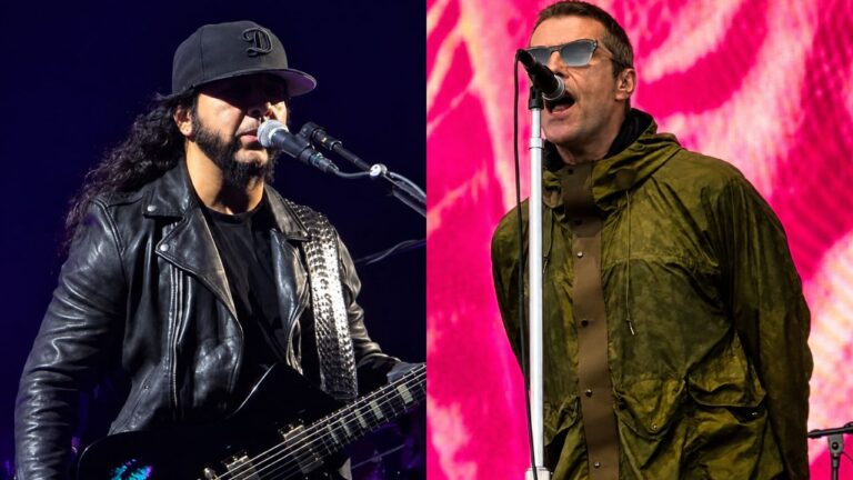 Daron Malakian, do System Of A Down, e Liam Gallagher, do Oasis, em montagem que ilustra a nova provocação entre as bandas após a derrota da Inglaterra na Copa do Mundo.