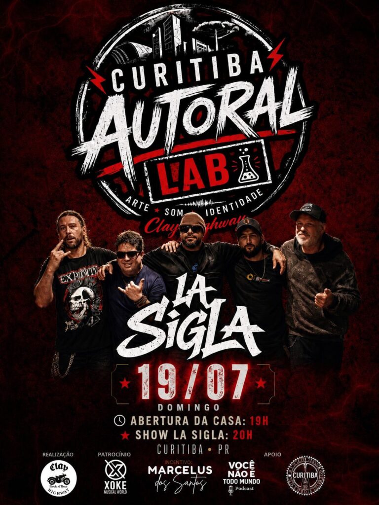anner do Curitiba Autoral Lab anunciando shows das bandas Indefenza, MotorBlack e La Sigla no Clay Highway Bar, em Curitiba. 