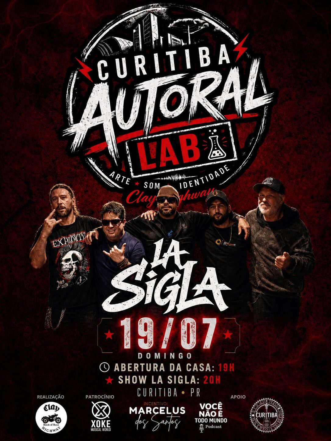 anner do Curitiba Autoral Lab anunciando shows das bandas Indefenza, MotorBlack e La Sigla no Clay Highway Bar, em Curitiba. 