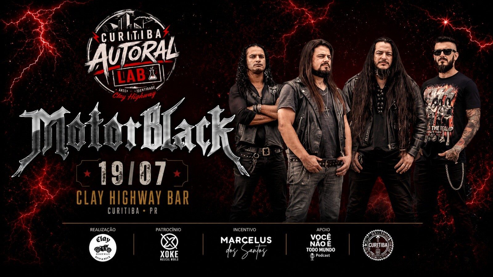 Banner do Curitiba Autoral Lab anunciando shows das bandas Indefenza, MotorBlack e La Sigla no Clay Highway Bar, em Curitiba. 