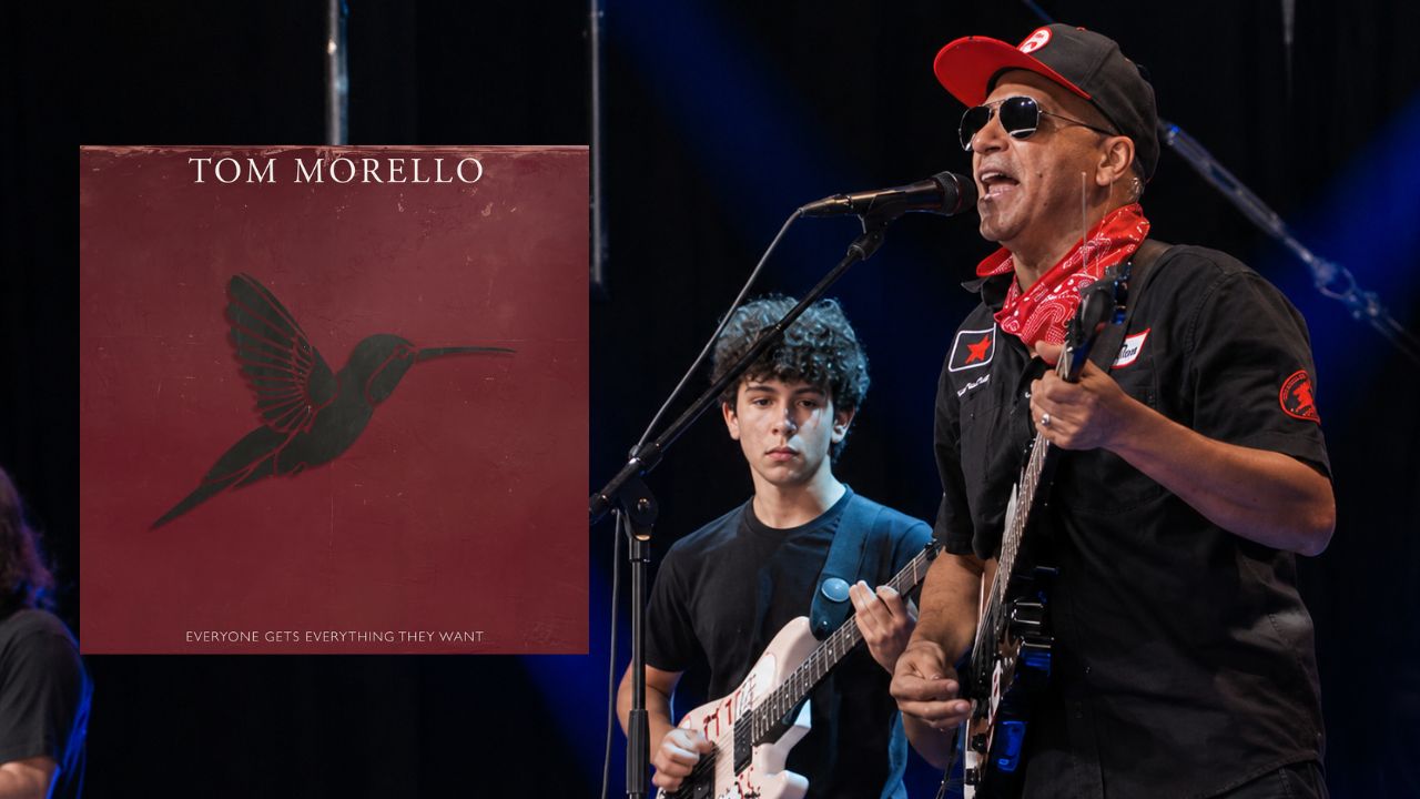 Tom Morello posa ao lado da capa do álbum Everyone Gets Everything They Want, seu primeiro álbum solo de rock, lançado com o single "Date Night".