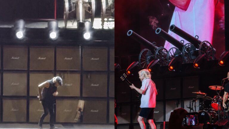 Brian Johnson durante show do AC/DC em Las Vegas, onde um canhão cenográfico tombou no palco durante For Those About to Rock.
