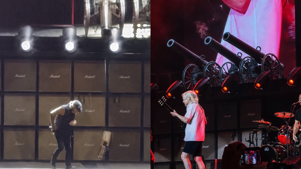 Brian Johnson durante show do AC/DC em Las Vegas, onde um canhão cenográfico tombou no palco durante For Those About to Rock.